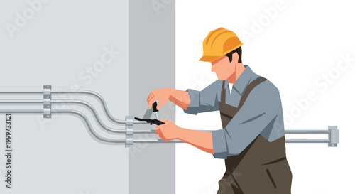 Electrician worker in hard hat fixing metal conduit pipe on wall. Vector illustration of construction and maintenance