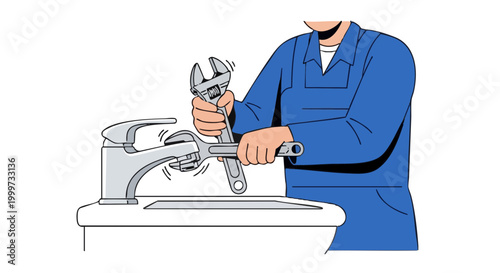 Plumber tightening silver faucet with adjustable wrench. Home repair service concept