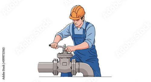 Worker in hard hat repairing large pipe valve with wrench