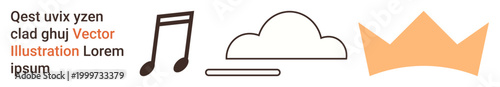 Creativity, digital communication, royalty , branding, artistic inspiration, minimalistic design. a music note, cloud and crown shape in outline style. Creativity and digital communication concepts