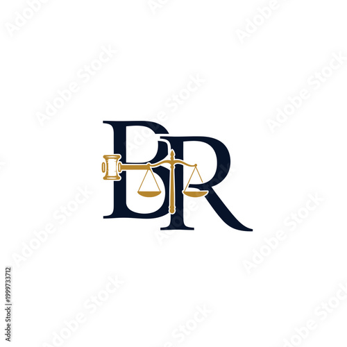 Professional BR Letter Initial Logo with Scales of Justice and Gavel Design on isolated white background