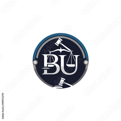 Professional BU Letter Initial Logo with Scales of Justice and Gavel in Circular Frame on isolated white background