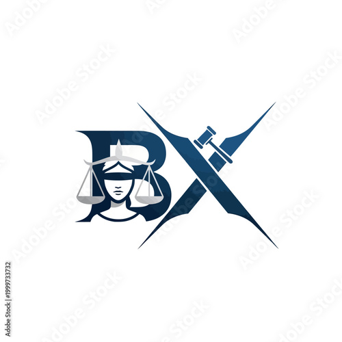 Professional BX Letter Initial Logo with Lady Justice Scales and Gavel Design on isolated white background