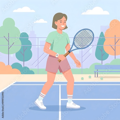 A woman playing tennis on a sunny day in a park. She is ready to serve the ball with her racket