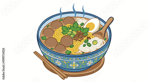 A vibrant vector illustration of a bowl of Indonesian Bakso (meatball soup) with yellow noodles, rice vermicelli, boiled egg, and celery in a decorative blue ceramic bowl, isolated on white.