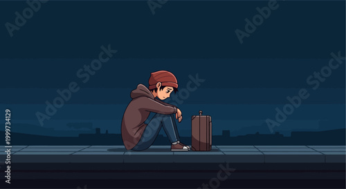 a cartoon man sitting on the ground with a suitcase.