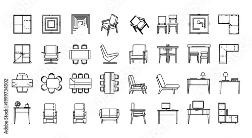 various furniture and architectural elements in a blueprint style for interior design and planning