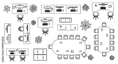 top-down view of modern office interior design with desks chairs and plants