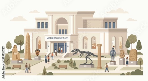 Flat vector illustration of a grand history and arts museum with diverse artifacts.