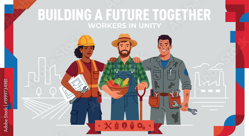 Diverse essential workers from various industries stand together, representing unity and collaboration.