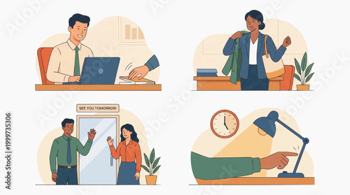 Business people at work illustrated in different situations