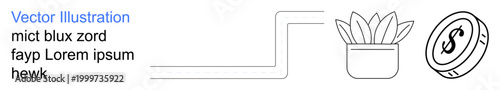 Business growth, investment strategy, financial planning, profitability, economic progress, wealth creation. Minimalist line art of a coin, potted plant and upward graph. Business growth