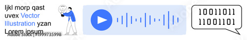 Audio technology, sound processing, voice recognition, AI tools, digital communication, data conversion. Play icon with waveform and speech bubble showing binary code. Audio technology and sound