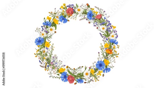 Wildflower wreath on white daisies, cornflowers, poppy, and yellow blooms form a circle