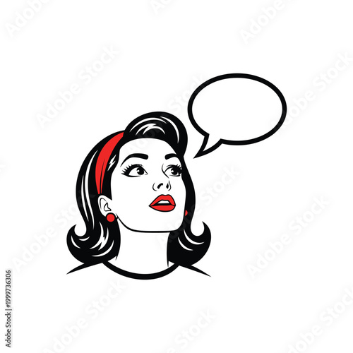 Tableau sur toile Vintage comic style woman looking up with empty speech bubble illustration, retro pop art female character face with red headband vector design, classic mid century pin up girl graphics