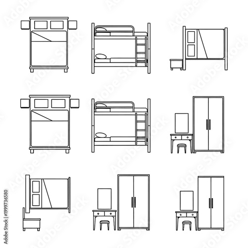 set of furniture icons for bedroom with beds bunk beds and wardrobes