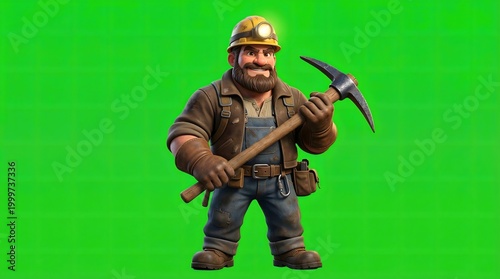 Cartoon Miner Character with Pickaxe on Green Screen Background.