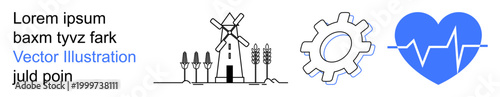Sustainability, agriculture, industry, healthcare, renewable energy, mechanical systems. Windmill with crops, gear and heart icon with a heartbeat line. Sustainability and agriculture concept