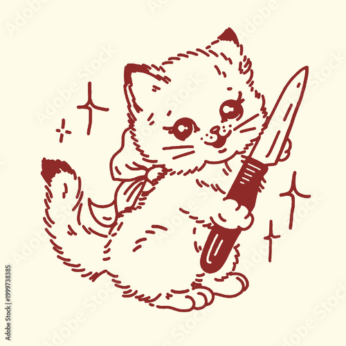 Canvas Print Kitten holding a knife vector illustration cute playful quirky with line art ill