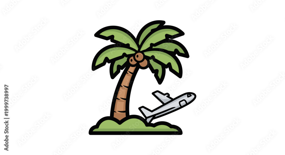 Obraz premium Airplane flying under a palm tree.
