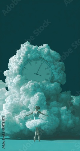 Ballerina in a surreal landscape, a clock large and surrounded by a cloud, teal and white colors