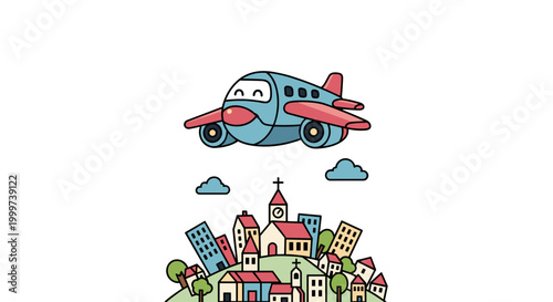 Airplane flying over city buildings.