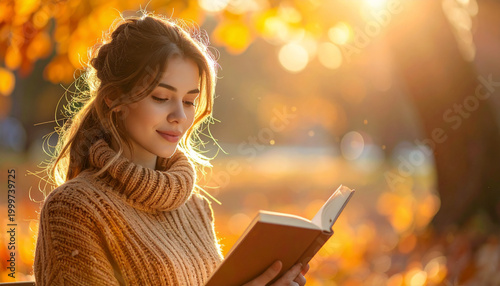 Peaceful young woman reading book in warm autumn sunlight