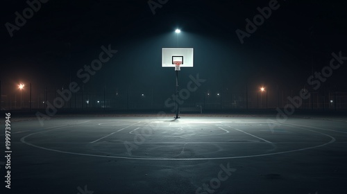 Basketball hoop on empty outdoor court in foggy night with street light