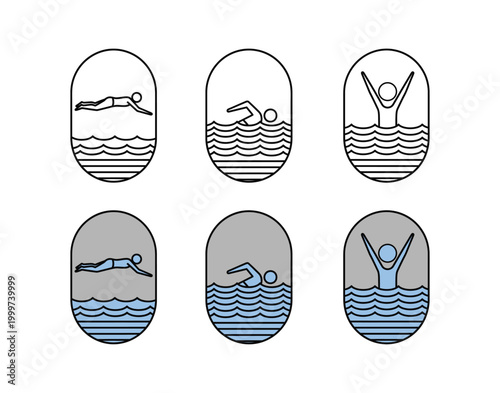 Swimming silhouettes minimalist line art of swimmers in water ovals