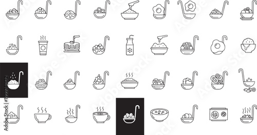 Collection of black and white line depicting food and kitchen utensils ladle bowl