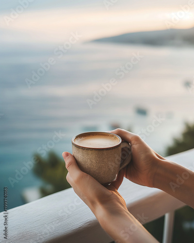 Hands Holding Coffee Cup On Balcony Overlooking Calm Ocean At Soft Sunset Light