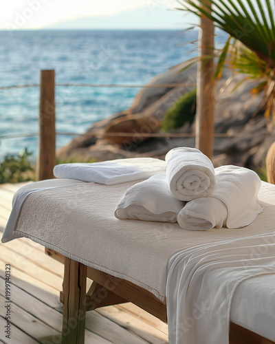 Outdoor Spa Massage Table With Rolled White Towels On Wooden Deck Overlooking Calm Blue Ocean