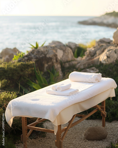 Outdoor Spa Massage Table With White Towels Overlooking Coastal Ocean In Warm Morning Light