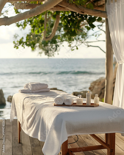 Outdoor Luxury Spa Massage Table With Towels And Skincare Products Overlooking Calm Coastal Ocean