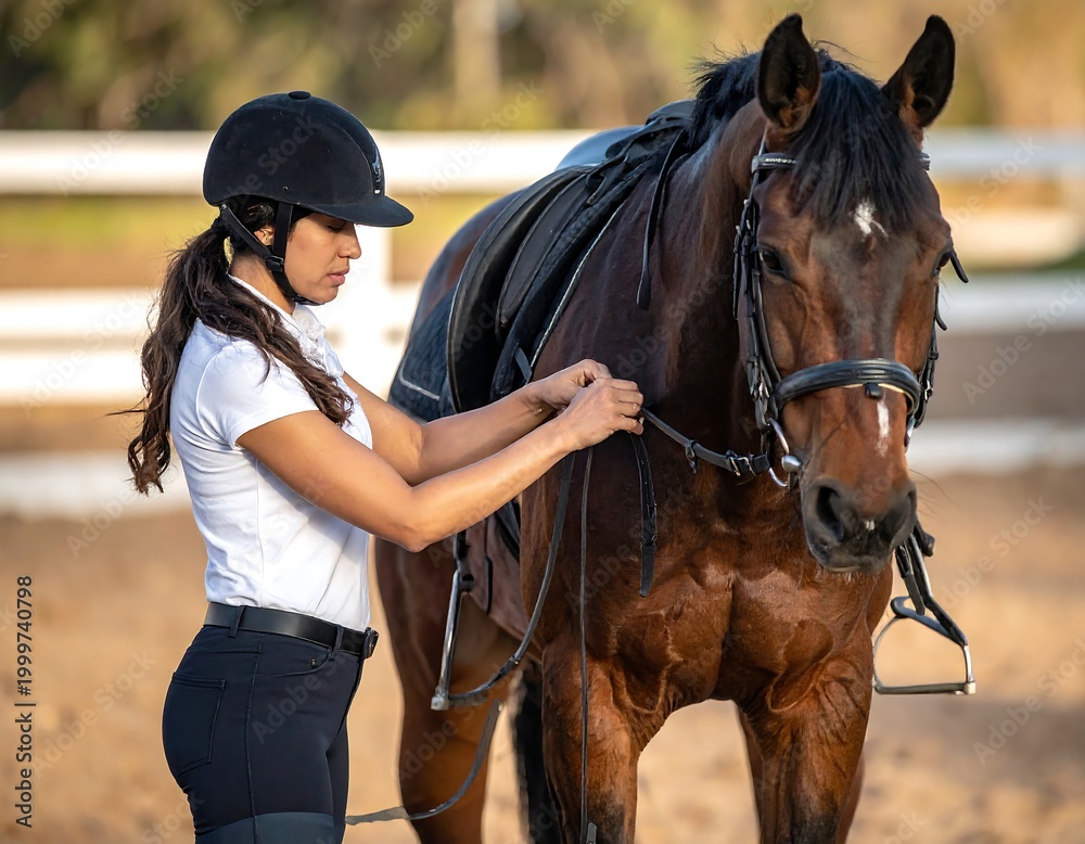 Obraz premium Woman adjusting a horse's bridle