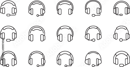 Fifteen black line headset with microphones on white background headphones audio communication