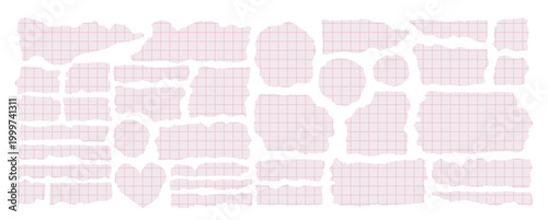 Set of torn paper pieces with soft pink grid pattern, ripped edges, scrapbook elements, realistic texture, isolated on white background. Perfect for collage, journaling, planners, stickers, design