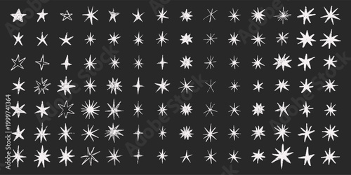 Hand drawn crayon star set with white doodle sparkles on black background, celestial collection of sketch stars, magical shapes, decorative vector elements for festive and creative design