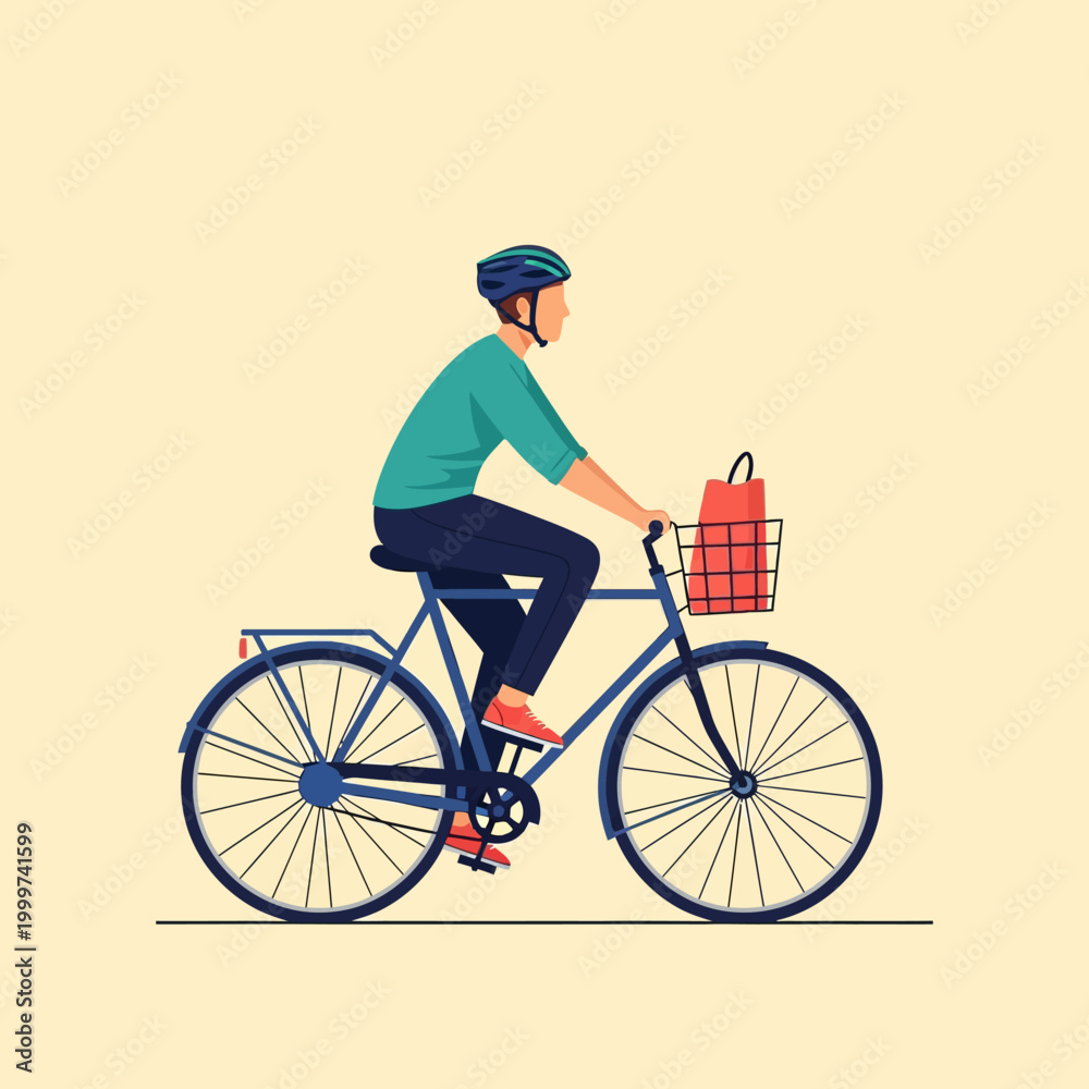 Naklejka premium Illustration of a person riding a bicycle with a basket and a helmet in a flat design.