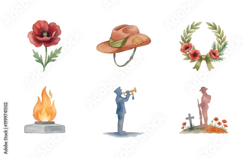 Anzac Day Remembrance Watercolor Icon Set with Poppy Slouch Hat and Bugler