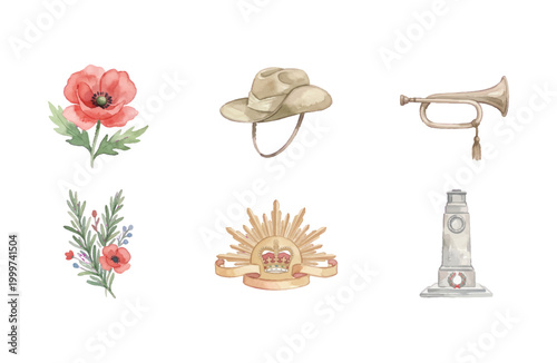 Anzac Day Watercolor Icon Set: Poppy, Slouch Hat, Bugle, Rosemary, Rising Sun Badge, and Cenotaph