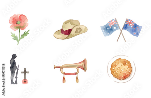 Anzac Day watercolor icon set with poppy flower slouch hat flags soldier silhouette bugle and anzac biscuit on white background