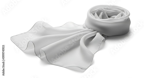 A neatly rolled scarf lies isolated on a surface with part of it unfolded.