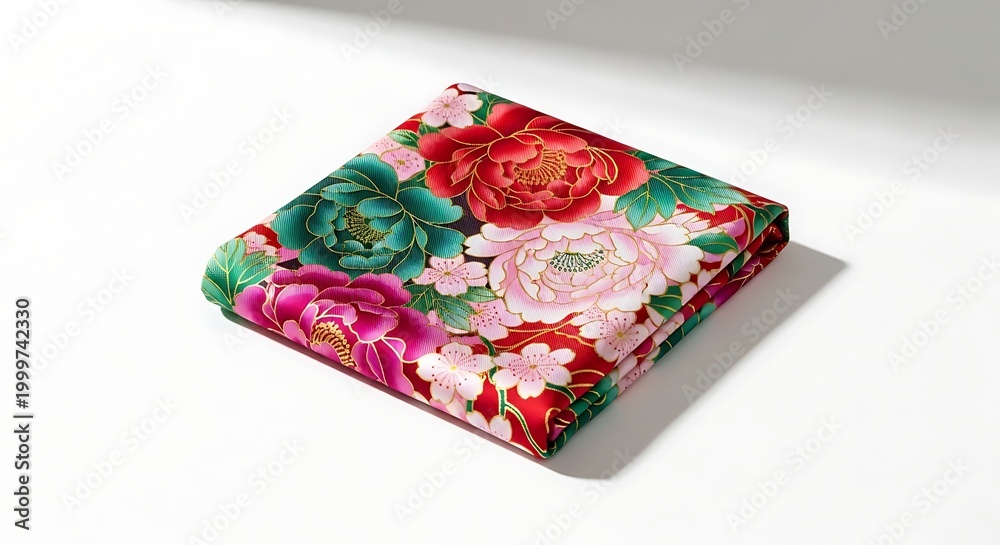 Fototapeta premium A scarf with colorful floral patterns lies isolated on a white surface.