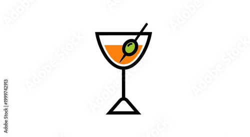 Cocktail glass illustration with olive and orange liquid on white background