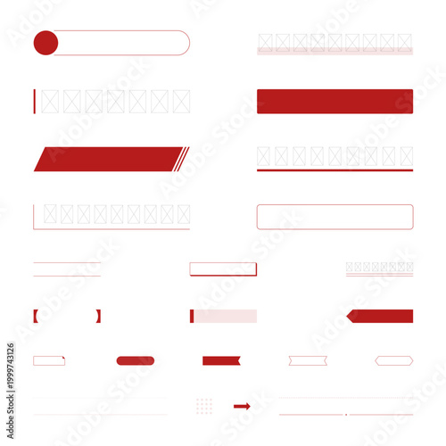 ビジネス資料向けの赤を基調とした見出し・ラベル・フレーム。シンプルなフレームと飾り罫線デザイン。赤のタイトル枠とモダンなデザインパーツ。