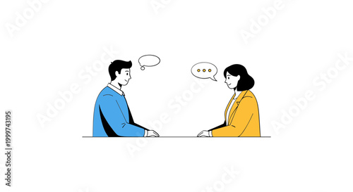 A man and a woman in a professional business meeting discussing ideas with speech bubbles.