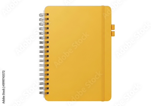 A spiral-bound notebook with a yellow cover and blank pages ready for writing isolated on transparent background