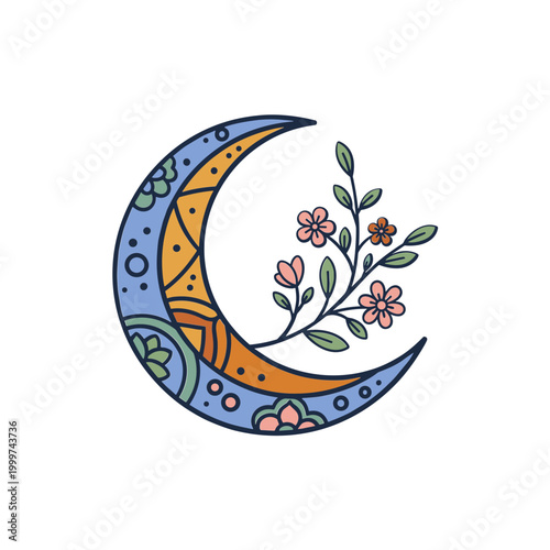 Boho style crescent moon with floral branch illustration.