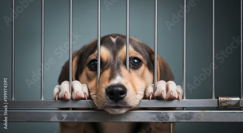 Melancholic puppy trapped behind metal bars of a cage gazing with emotional eyes at an animal shelter to represent abandonment and neglect of domestic canine companions.